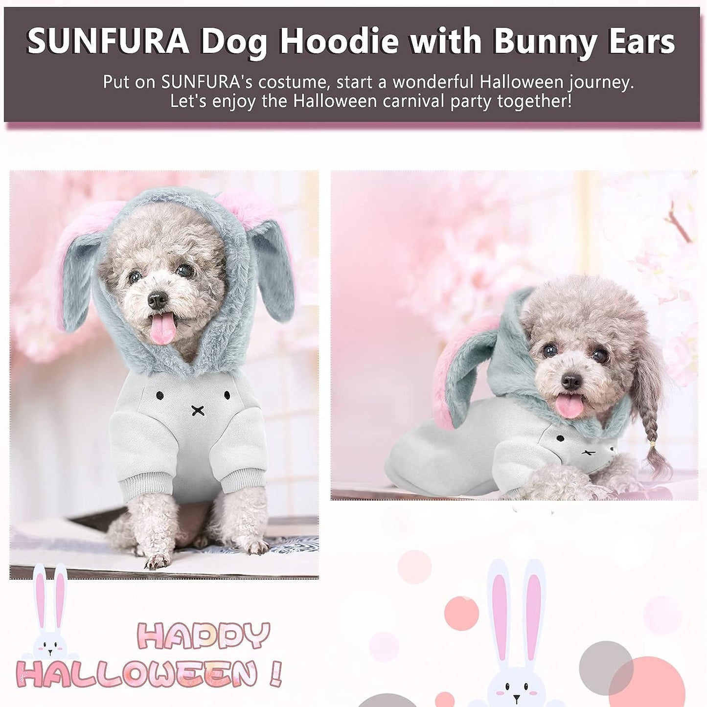 Bunny Dog Costume, Rabbit Shape Dog Hoodie with Ears, Soft Dog Sweatshirt Hooded Outfits for Halloween Christmas Easter Party, Puppy Cat Warm Winter Pullover Pet Clothes for Small Medium Dog