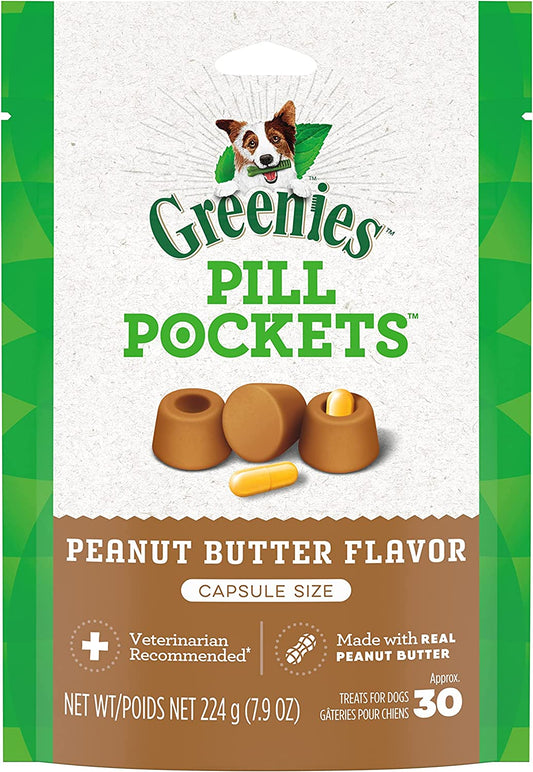 PILL POCKETS for Dogs Capsule Size Natural Soft Dog Treats with Real Peanut Butter, 7.9 Oz. Pack (30 Treats)