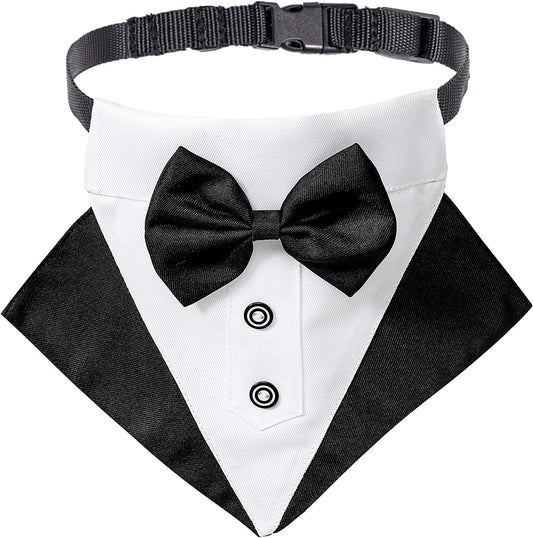 Formal Dog Tuxedo Wedding Dog Bandana Collar Dog Collar with Bow Tie Adjustable Dog Bowtie Collar Bandana for Medium Large Dog Pet (Large, Black&White)