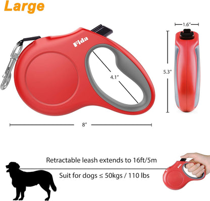 Retractable Dog Leash for Large Breed up to 110 Lbs, 16 Ft Heavy Duty Pet Walking Leash with Dispenser and Poop Bags, Anti-Slip Handle, Reflective Strong Nylon Tape (L, Red)