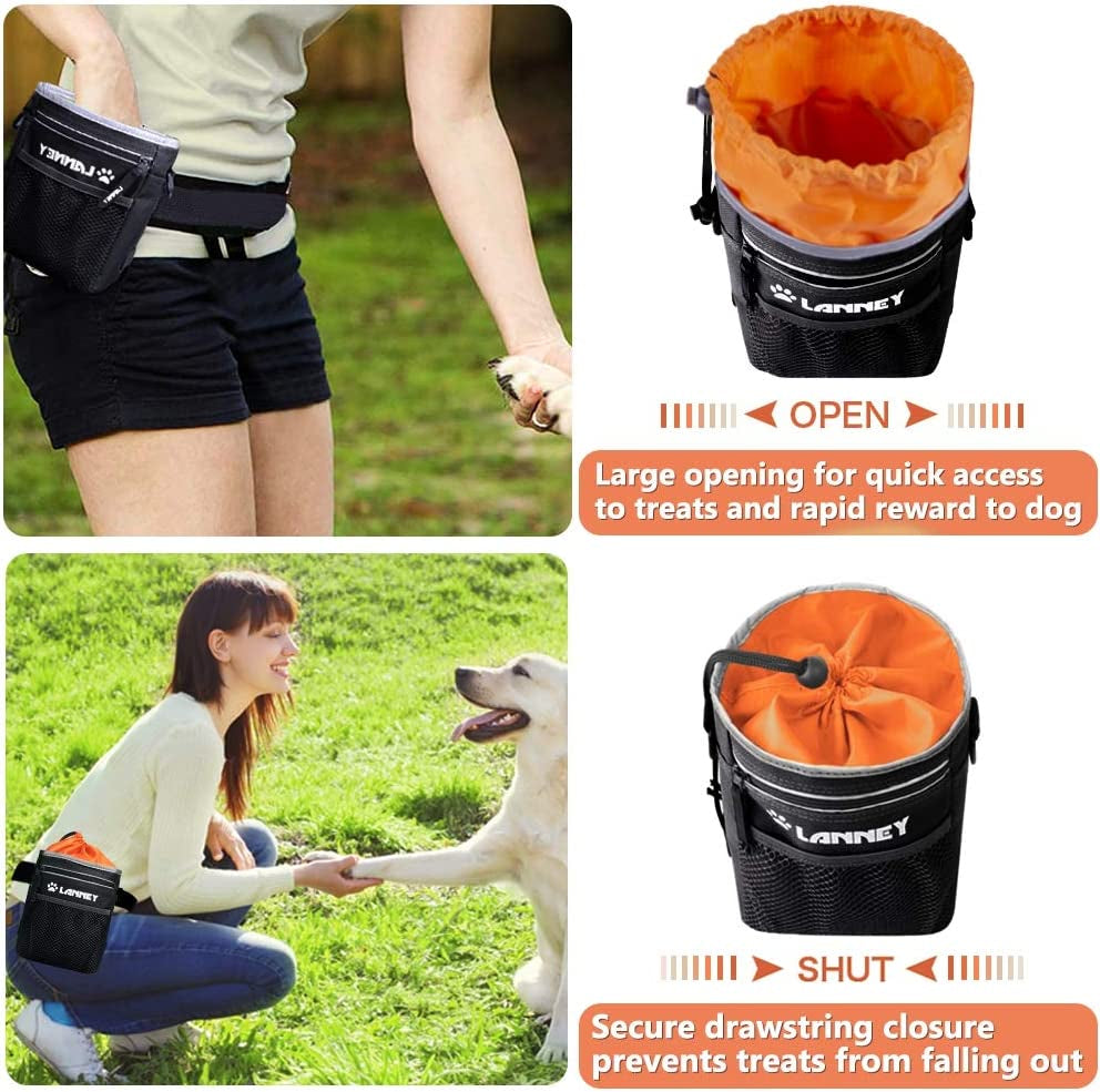 Dog Treat Pouch for Training, Dog Treat Bag for Pet Training - 3 Ways to Wear with Shoulder Strap, Clicker, Tote Carry Kibble Snacks Toys to Reward Walking, Metal Clip, Waist Belt, Poop Bag Dispenser