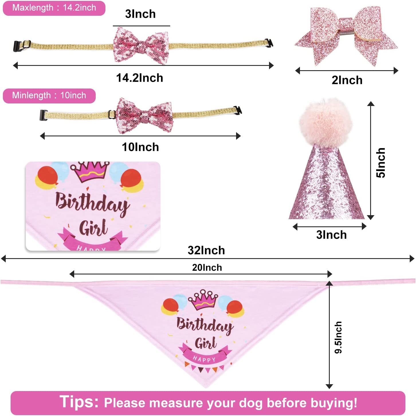 Dog Birthday Party Supplies Bandana Hat Banner Set Boy Girl Cute Bow Tie Scarf Dog Birthday Decorations (Pink，Dog Girl)