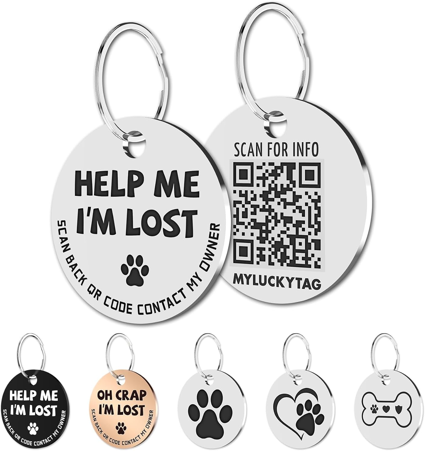 Stainless Steel QR Code Pet ID Tags Dog Tags - Pet Online Profile - Scan QR Receive Instant Pet Location Alert Email