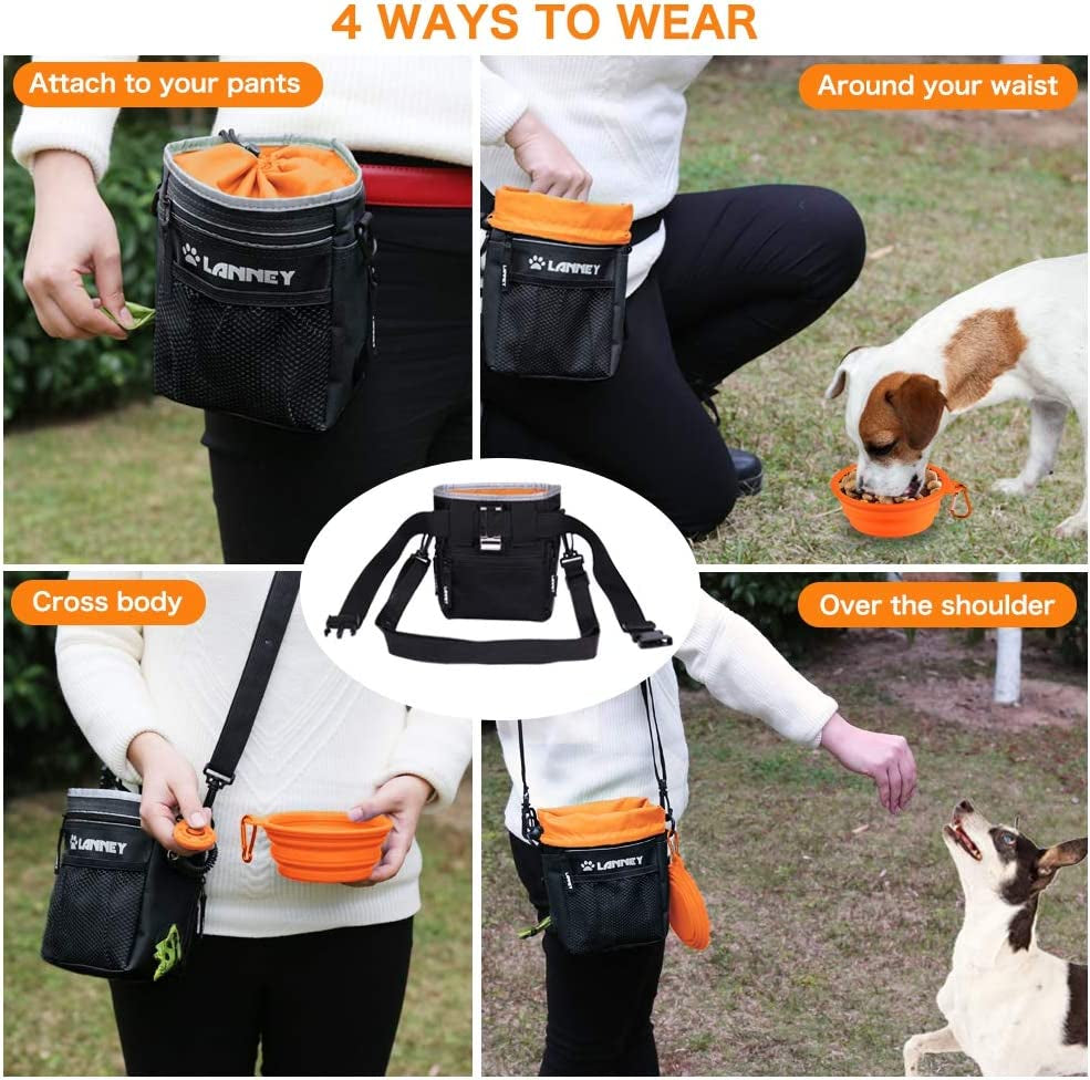 Dog Treat Pouch for Training, Dog Treat Bag for Pet Training - 3 Ways to Wear with Shoulder Strap, Clicker, Tote Carry Kibble Snacks Toys to Reward Walking, Metal Clip, Waist Belt, Poop Bag Dispenser