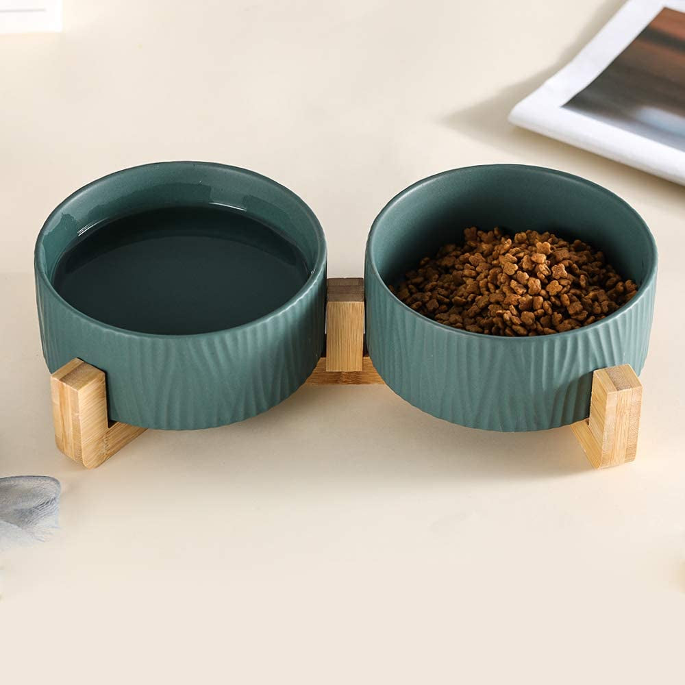 Ceramic Cat Bowl with Wood Stand No Spill Pet Food Water Feeder Cats Small Dogs
